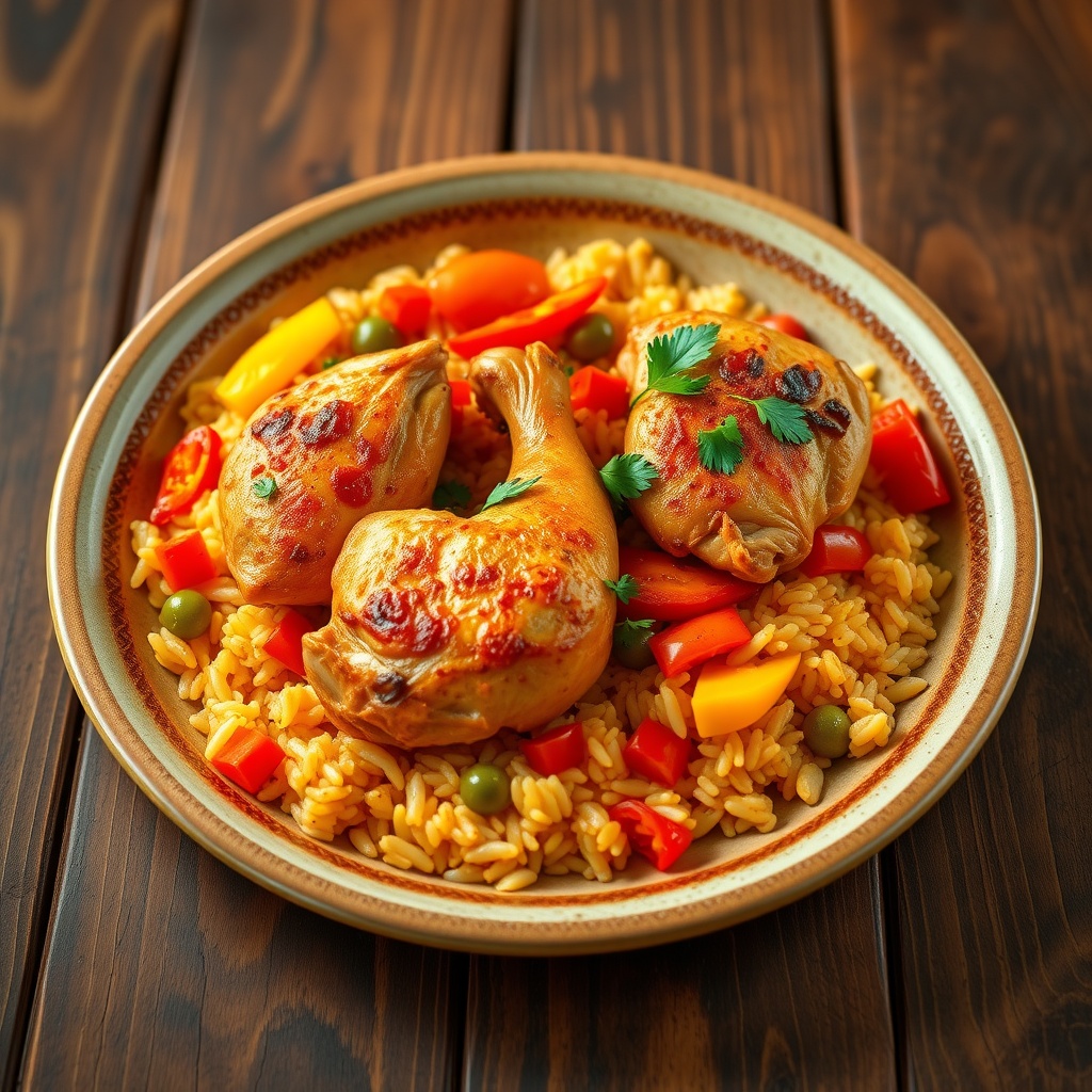 Authentic Spanish Arroz con Pollo Recipe A plate of Spanish Arroz con Pollo with chicken, saffron rice, bell peppers, and parsley on a wooden table.